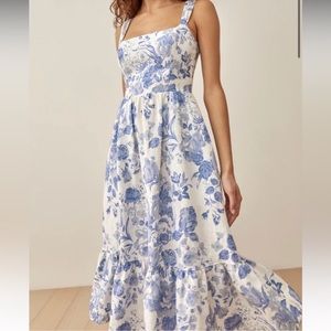 NWT Reformation Bucatini Linen Dress Lucerne size 12 blue white floral print